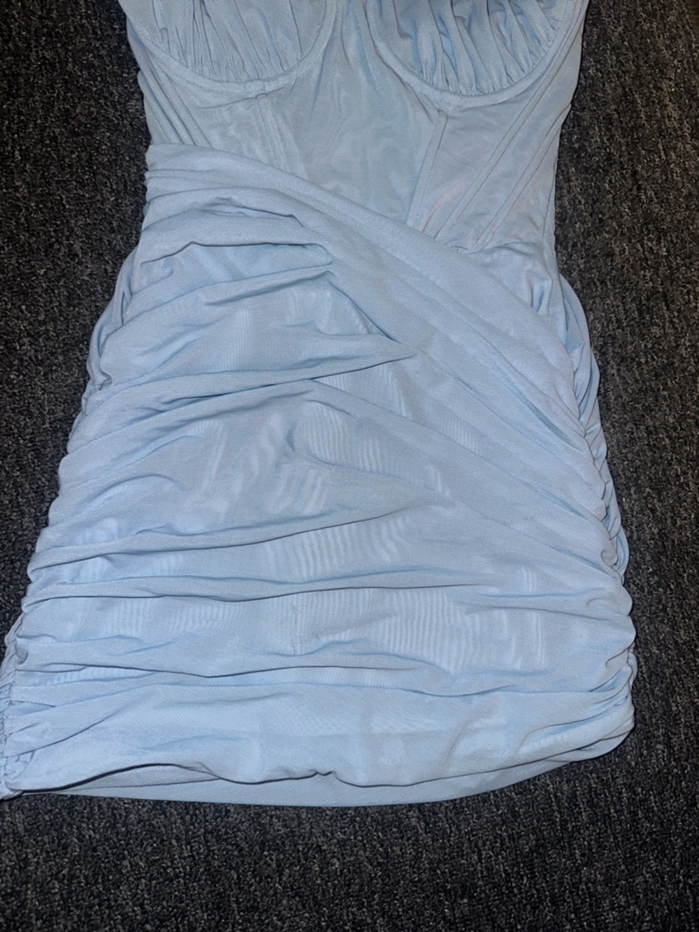 House of CB Clementine One-Shoulder Light Baby Blue Ruched Bodycon Dress Medium - Picture 4 of 8